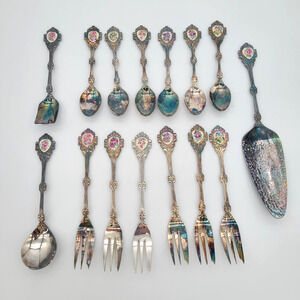 Rare VTG Rostfrei Solingen Victorian Enamel Rose Set of 15 Spoons Forks Serving
